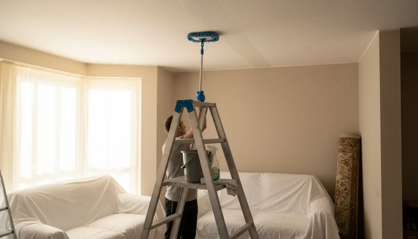 Person rengør loftet i en lille 48 kvm lejlighed fra en stige, med møbler dækket til.