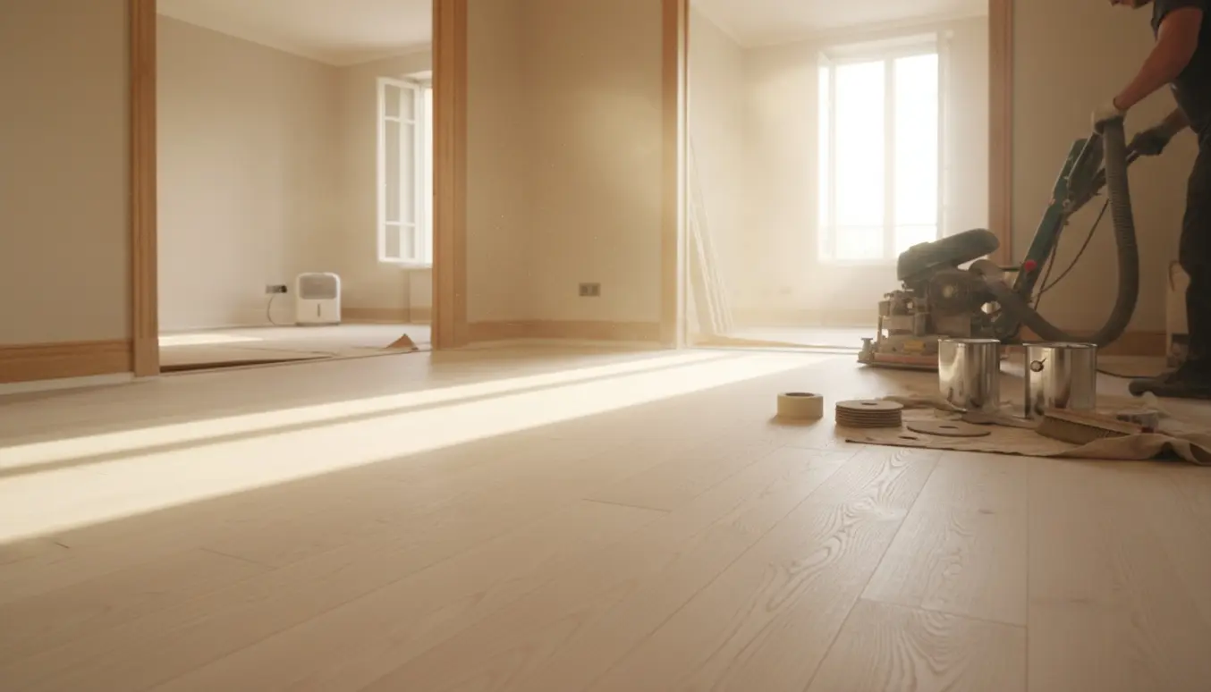 Indendørsfoto af massive bøgtræsgulve, der slebes og klargøres til lakering i sammenhængende rum.