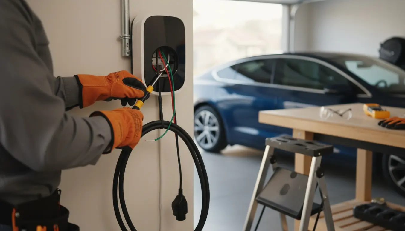 Elektriker afmonterer en vægmonteret ladeboks i en garage.
