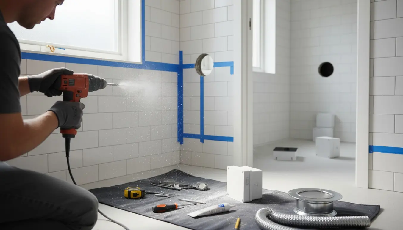 Hænder med boremaskine laver hul i badeværelsesflise med ventilationsdele og et andet badeværelse i baggrunden.