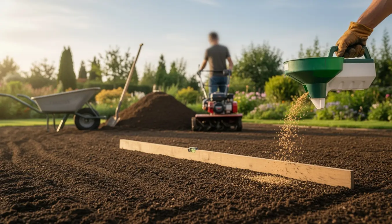 Anlæg af græsplæne med frisk fræset jord, en bunke muld, rive og håndsåning i blødt morgenlys.