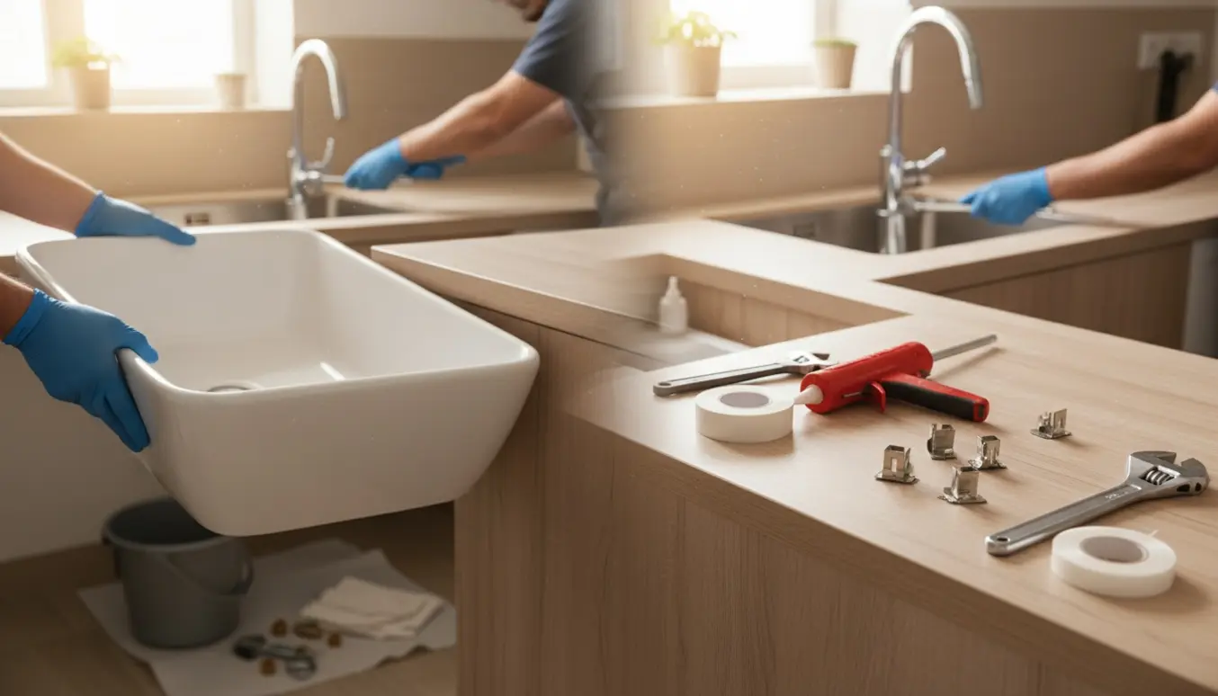 VVS-montør installerer en ny underlimet håndvask og strammer en løs køkkenvandhane i et moderne hjem.