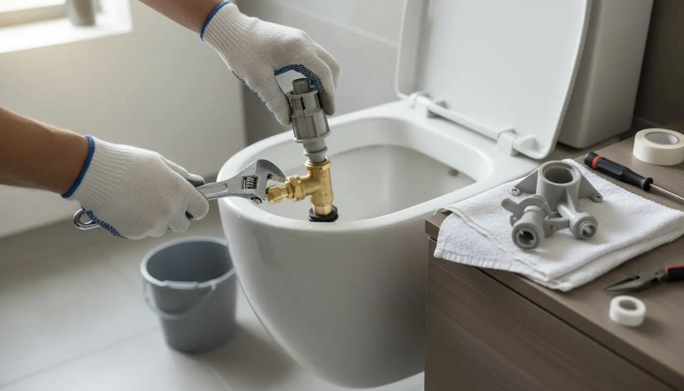 Nærbillede af hænder, der skifter ballofix og indmad i et åbent Ifö Sign toilet.