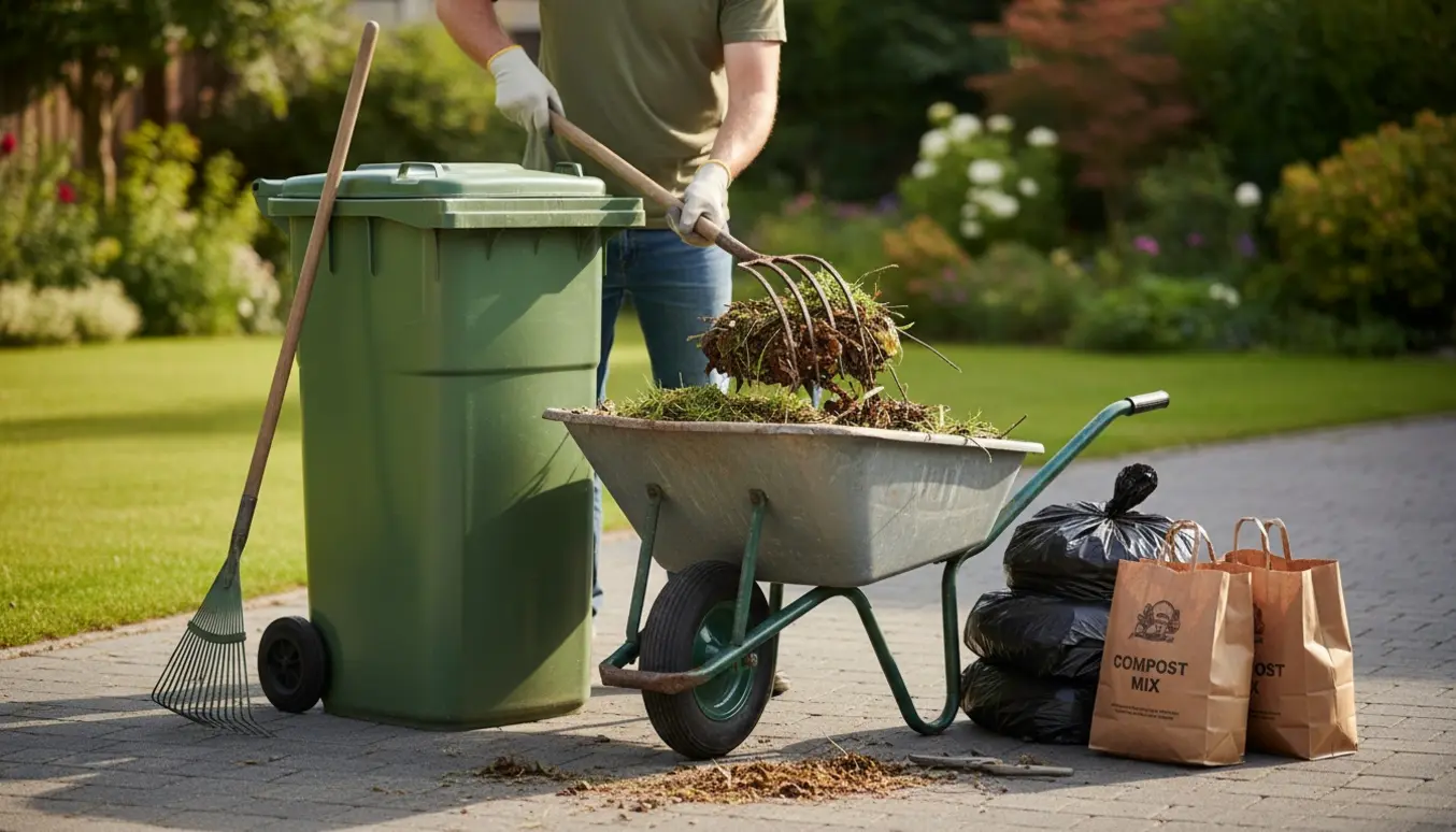 En stationær haveaffaldscontainer tømmes i en trillebør af en person med arbejdshandsker.