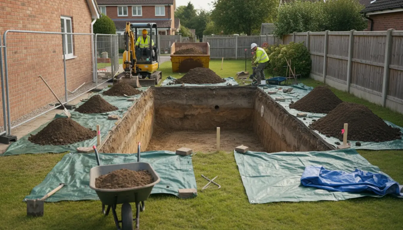 Udgravning i have til pool med minigraver gennem smal adgang og jord klar til bortkørsel.