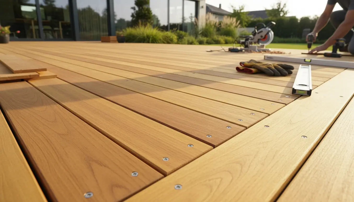 Stor soloplyst ét-plans træterrasse i gul cumaru med værktøj og tydelig træstruktur.
