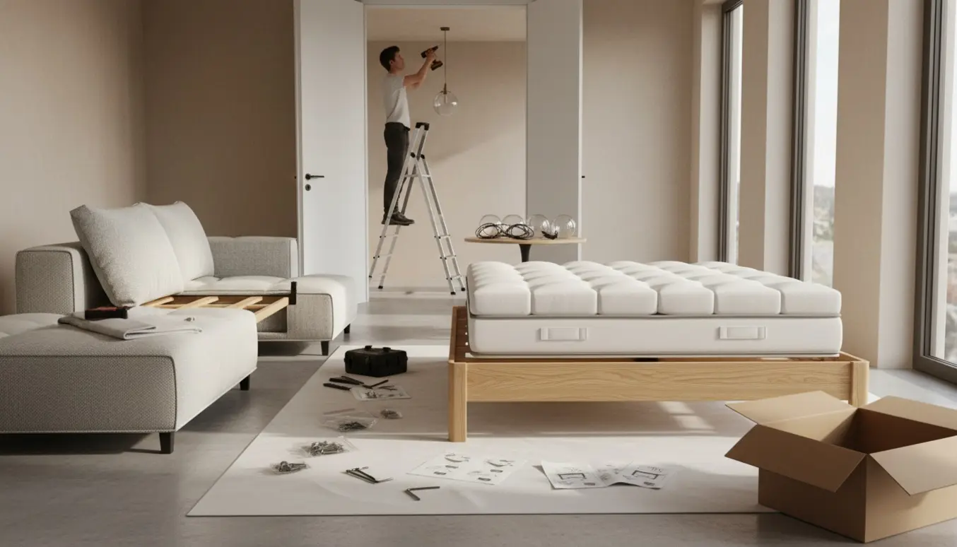 Et lyst rum hvor en seng og sofa er ved at blive samlet, og en lampe monteres på en stige i baggrunden.