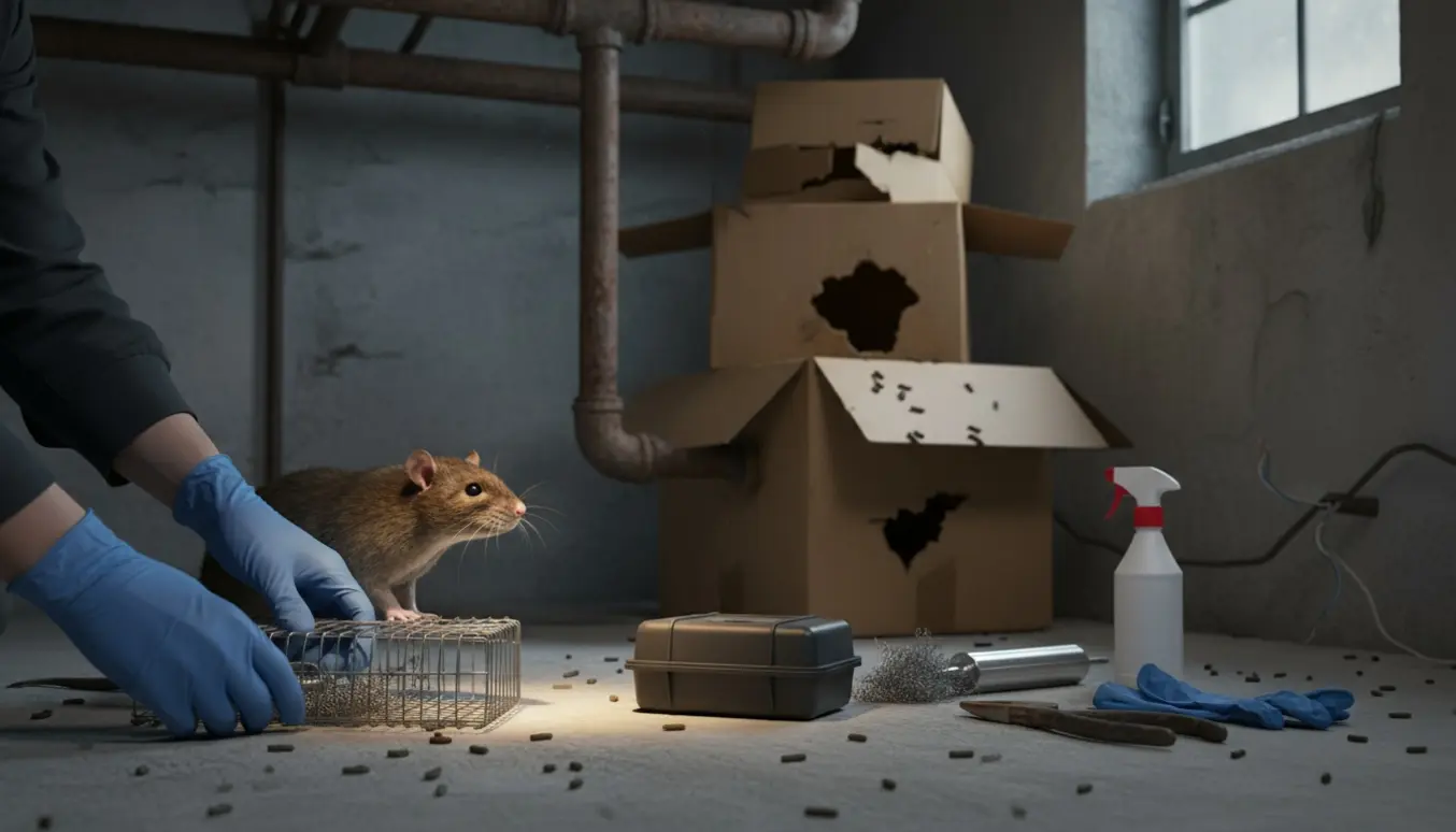 Hænder med handsker placerer en fælde i en mørk kælder ved gnavede kasser og rotteafføring.