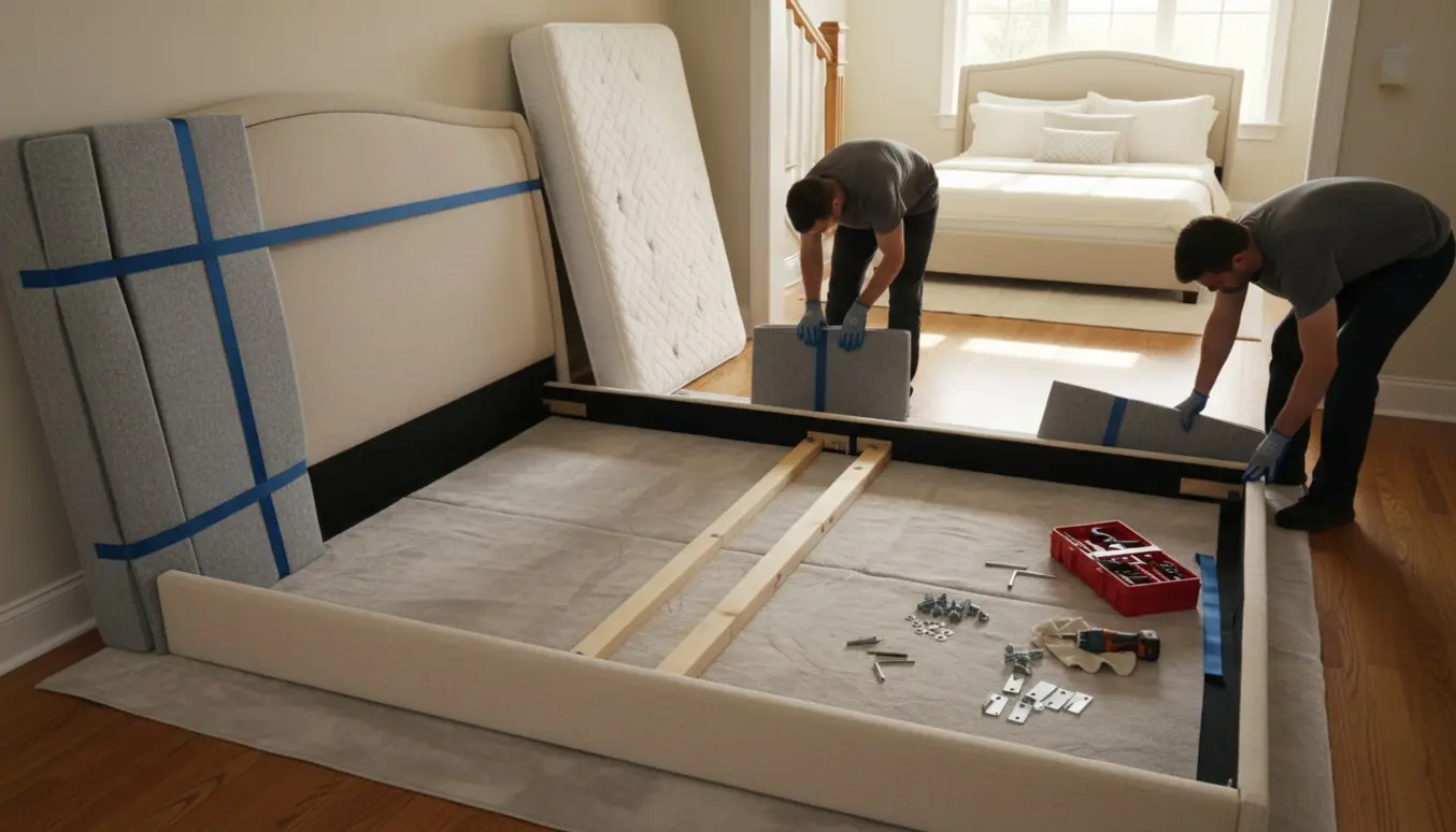 En betrukket seng skilles i stuen med værktøj og flyttepledt, mens en samlet seng ses gennem trappen på 1. sal.