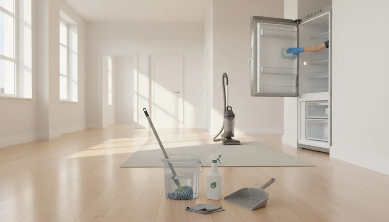 Tom lejlighed under fraflytningsrengøring med moppe, støvsuger og handske-klædte hænder, der tørrer køleskabets hylder.