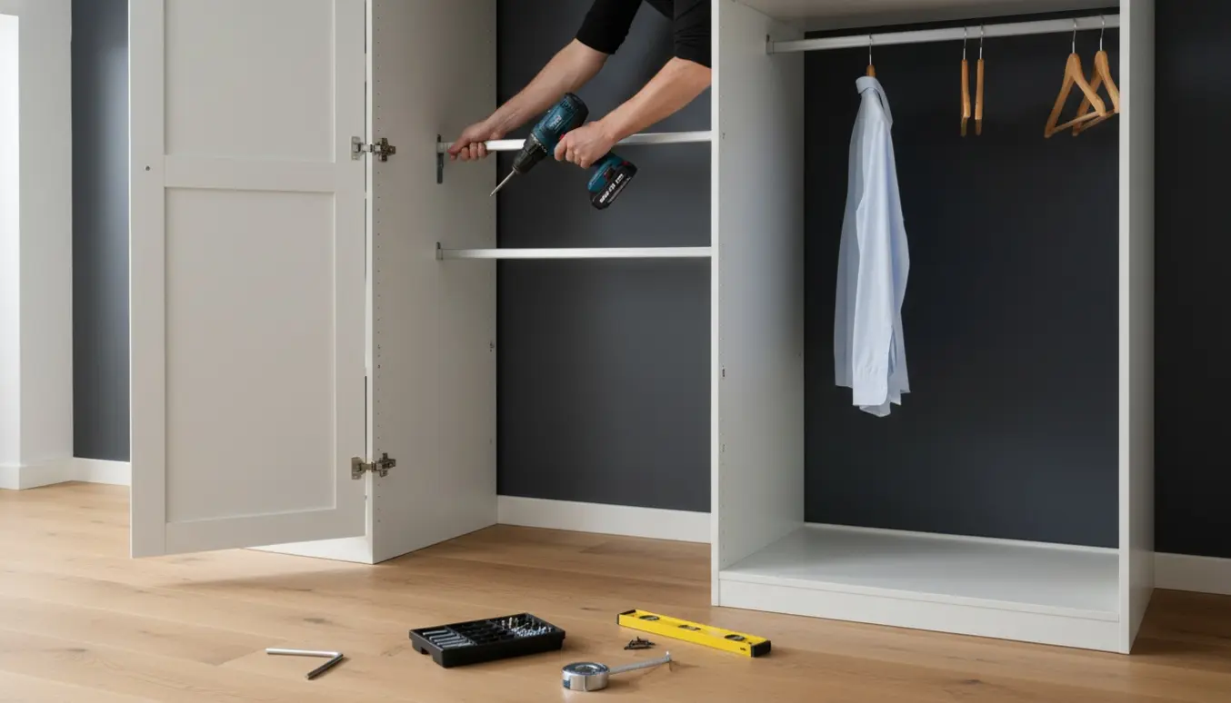 Delvist samlet PAX-garderobe mod en koksfarvet væg med hænder og værktøj ved monteringsbeslaget.
