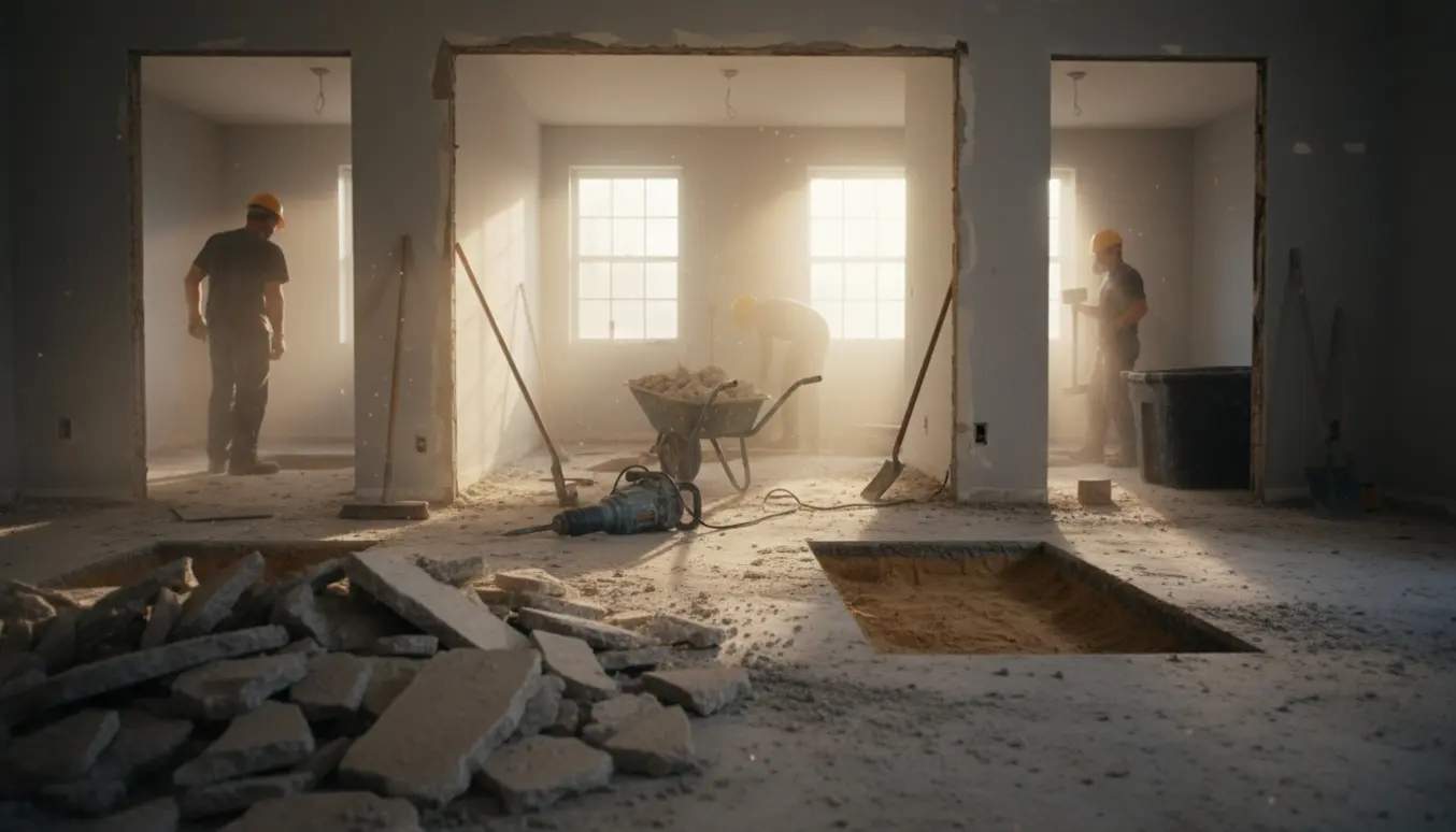 Indendørs opbrydning af betongulv med bunker af brokker, værktøj og udgravet sand i tre tilstødende rum.