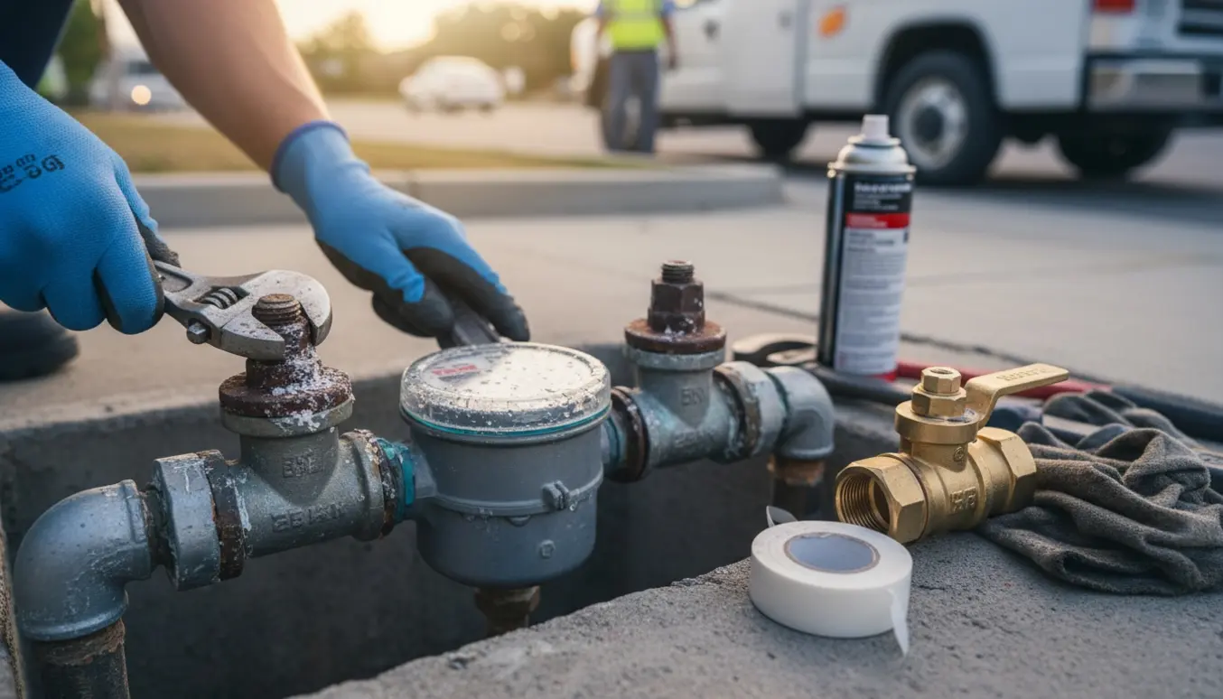 Nærbillede af udskiftning af rustne stophaner ved en vandmåler med værktøj og nye ventiler klar.