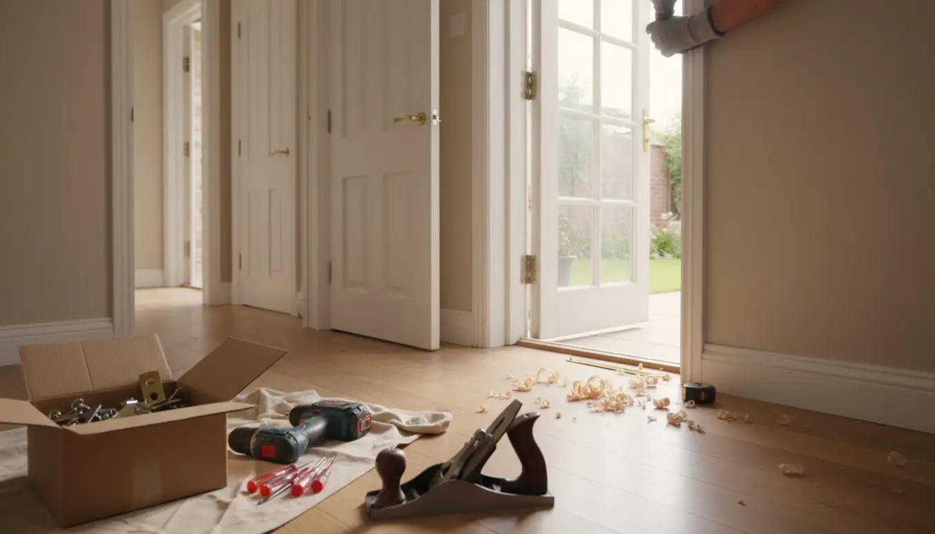 Tre døre i en gang med værktøj og træspåner, mens en hånd justerer en havedør.