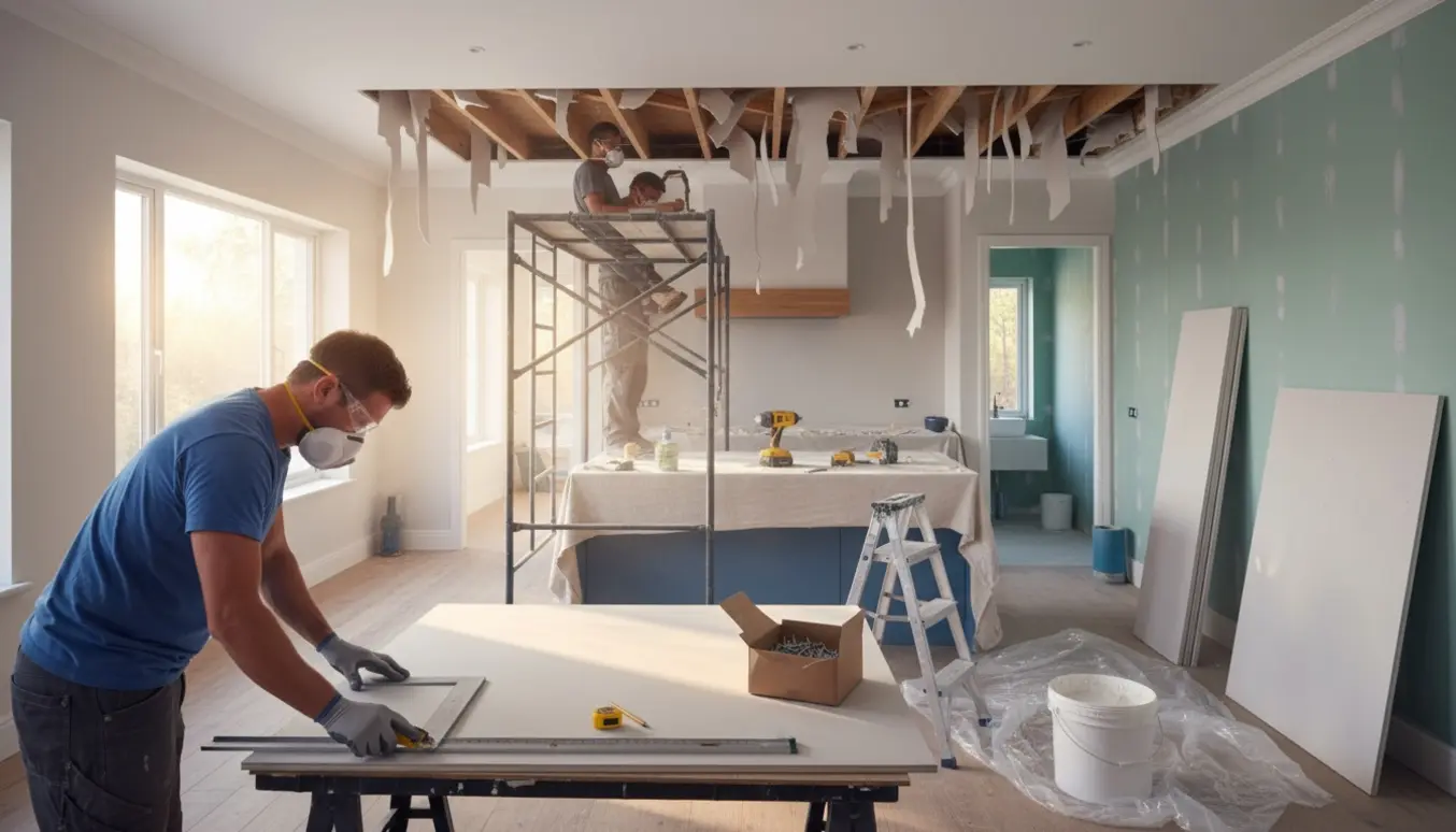 Renovering af gipslofter i køkken/alrum med stillads, gipsplader og værktøj, arbejderen har ansigtet vendt væk.