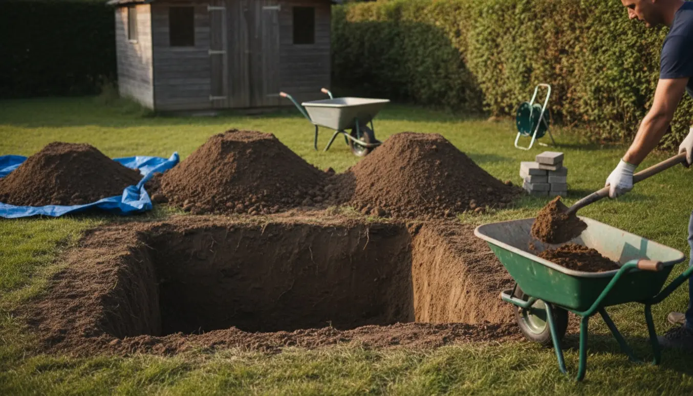 Hænder og ryg af en person, der skovler jord op i en trillebør ved en haveudgravning.