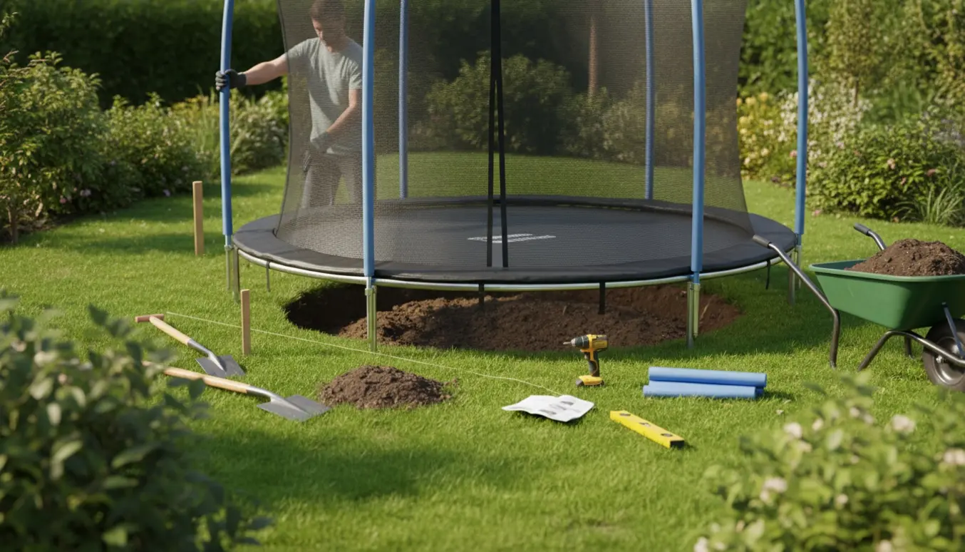 Delvist nedgravet rund trampolin i have under montering med sikkerhedsnet og værktøj omkring.