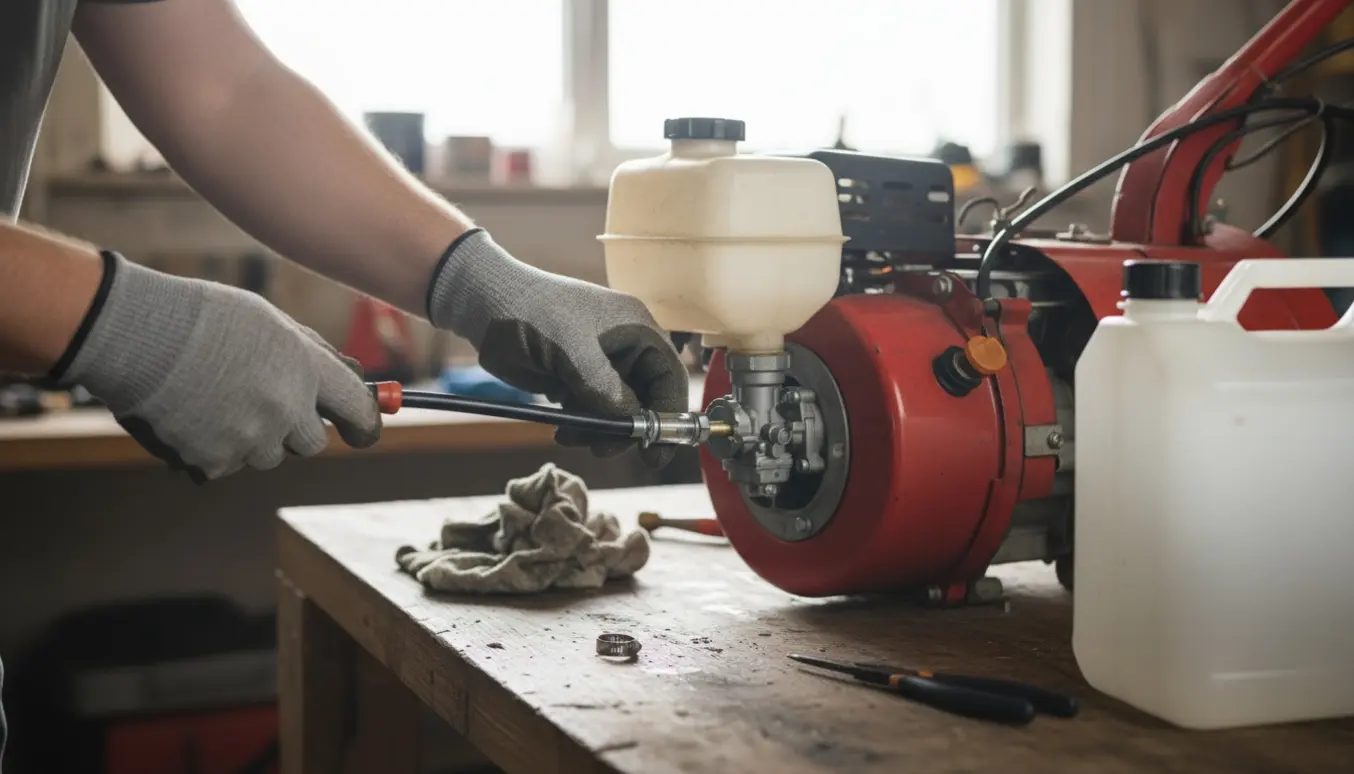 Nærbillede af hænder, der skifter benzinslange på en lille havefræser i et lyst værksted.