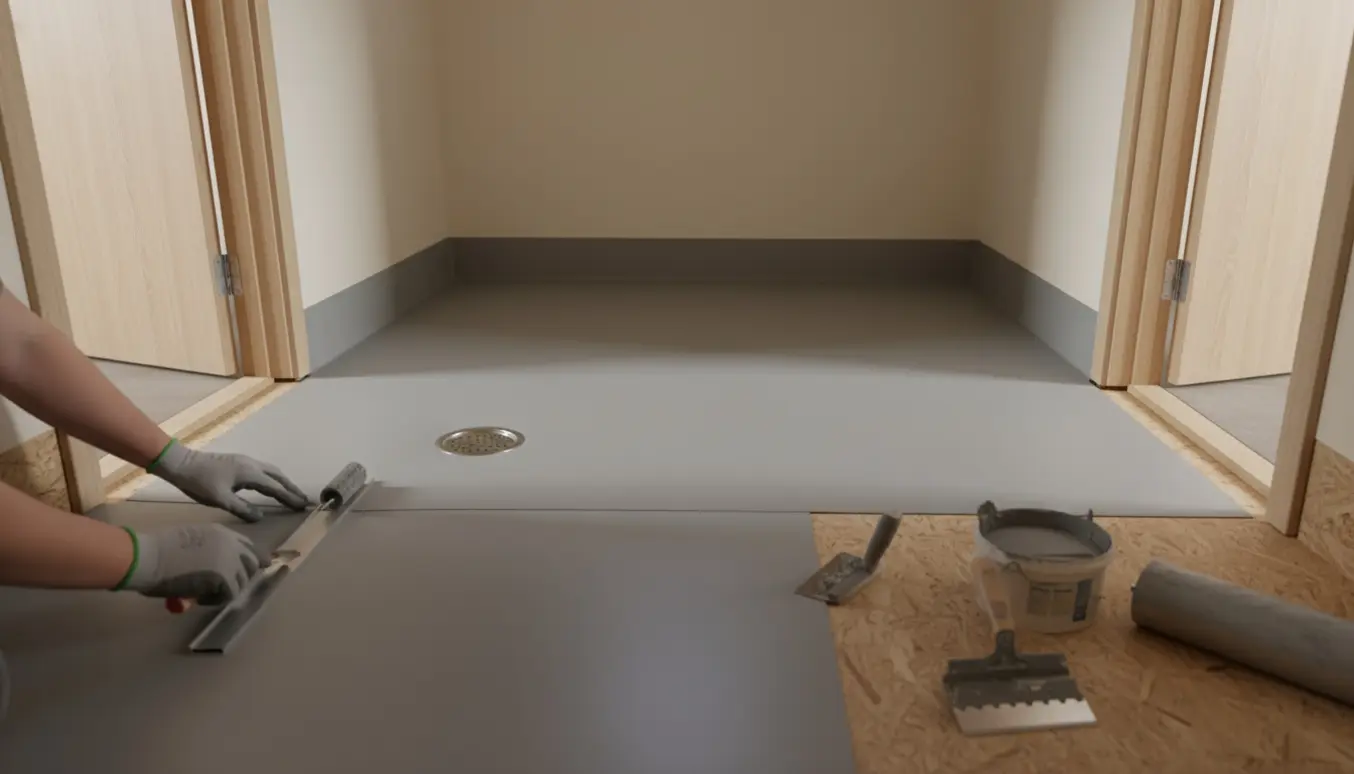 Ensfarvet vådrumsvinyl monteres i et lille bryggers med opbuk og vinyl trimmet ved afløb og dørsokler.