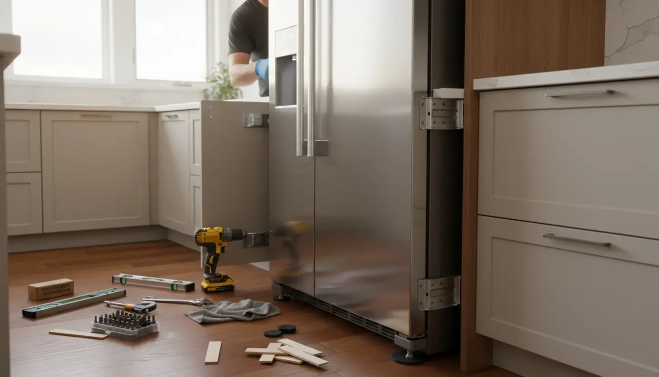 Teknikere afmonterer og genmonterer et integreret køleskab med værktøj og vibrationsdæmpere i et lyst moderne køkken.