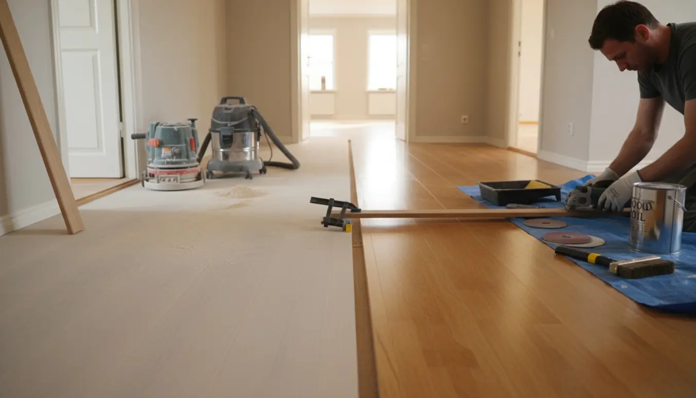 Halvslibet trægulv med nyslebede og olierede sektioner, værktøj og en samleliste klar til montering i et lyst hjem.