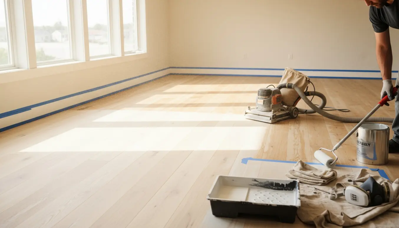 Nærbillede af gulvslibning og påføring af mat eller hvidpigmenteret lak på et lyst trægulv.