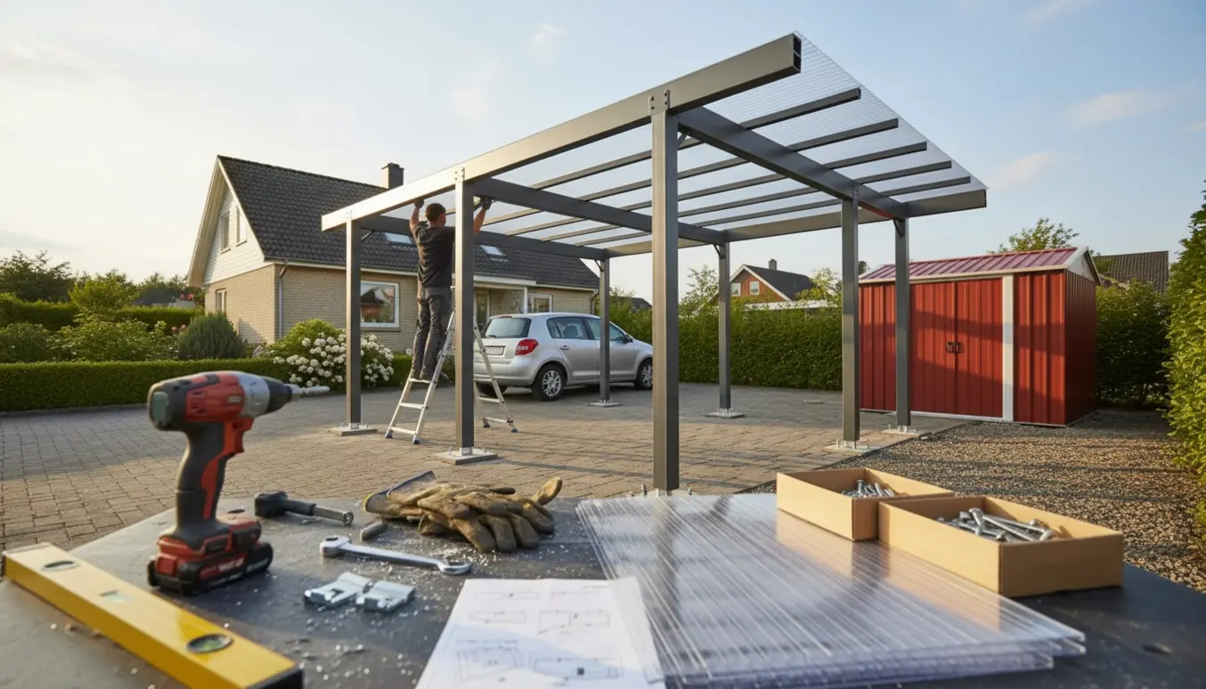 Delvist opbygget carport 3–4×6 m ved en villavej med værktøj og et lille redskabsskur ved siden af.