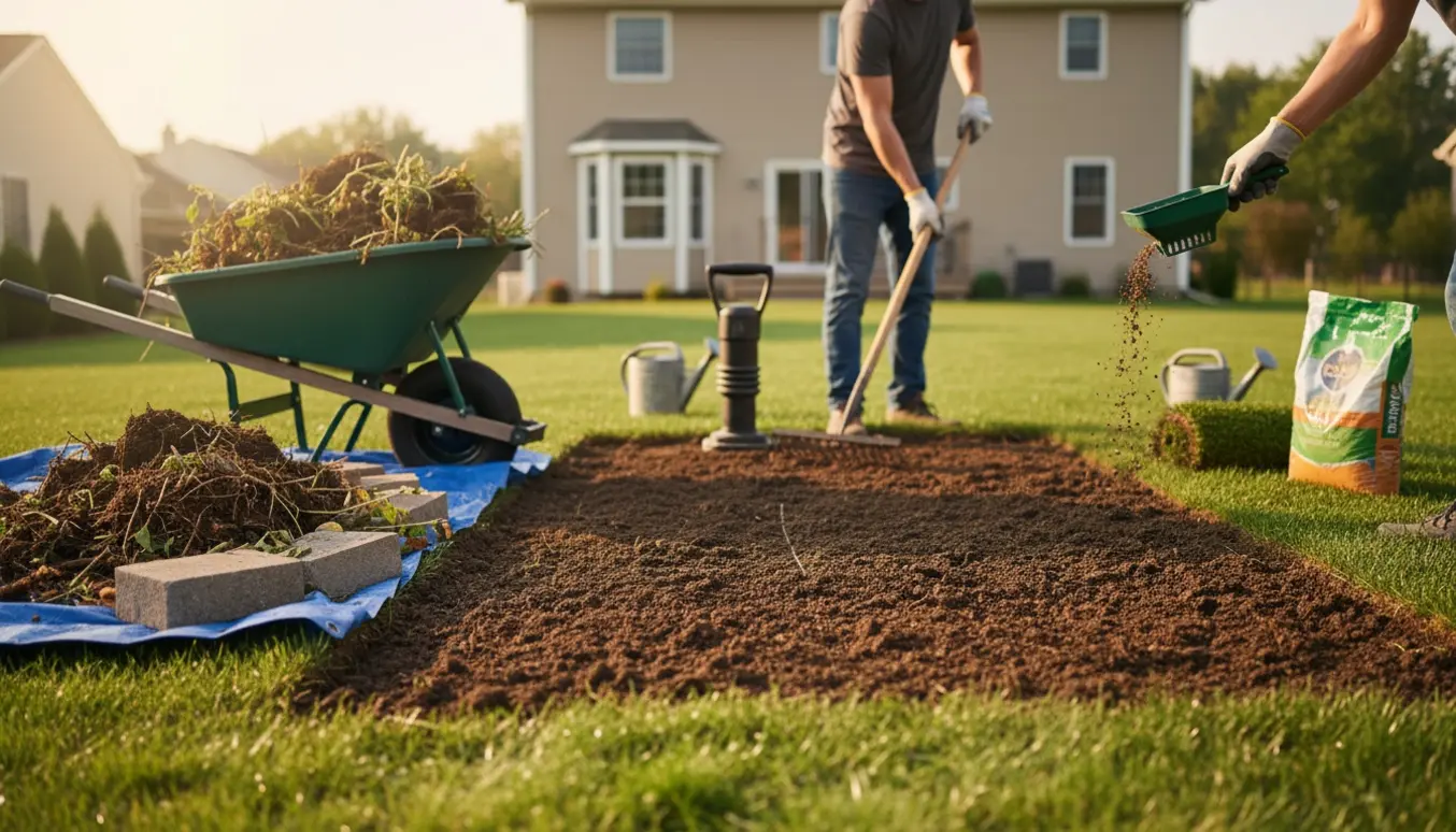 Set bagfra fjernes et blomsterbed, jorden rettes og forberedes til nyt græs med skovl, rive, trillebør og ruller af rullegræs.