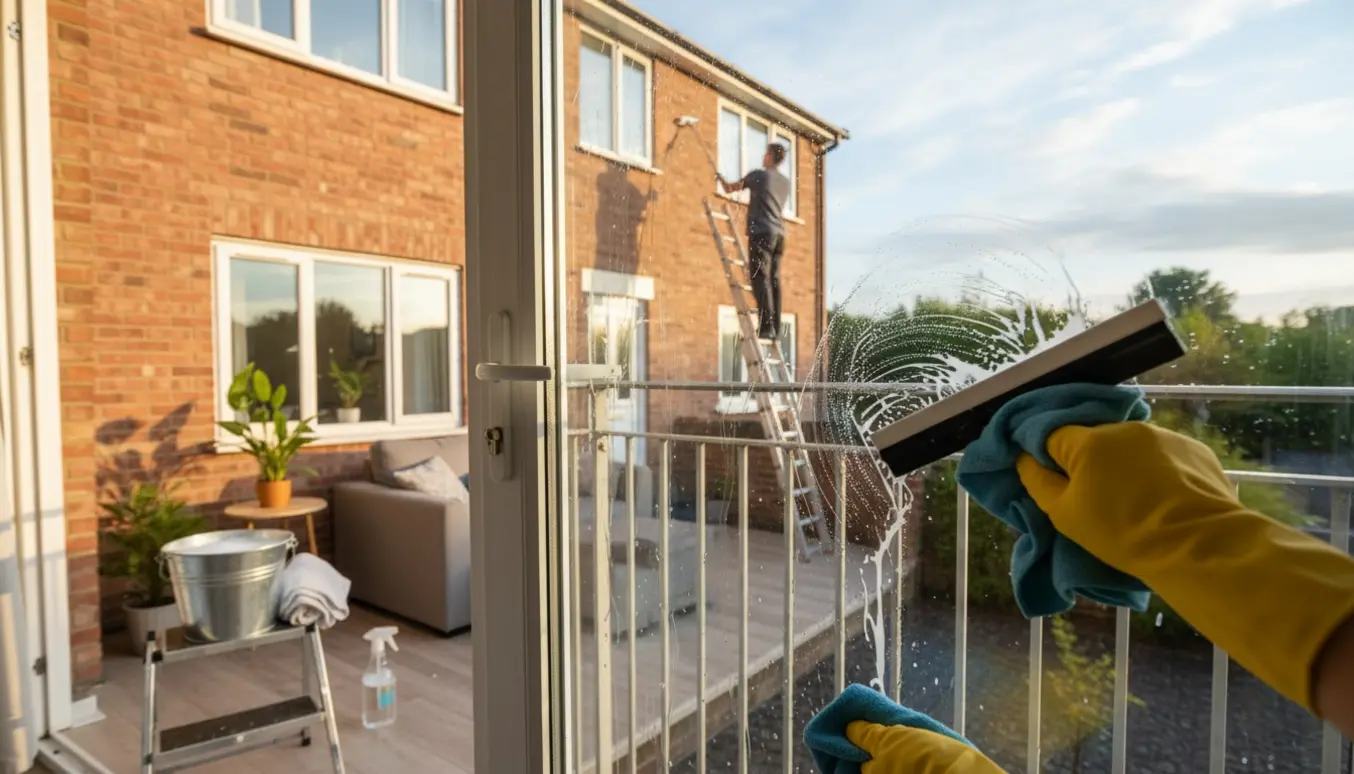 Hænder pudser en glasaltandør indefra med en vinduesskraber, mens udvendige vinduer pudses på et lille toplans rækkehus.