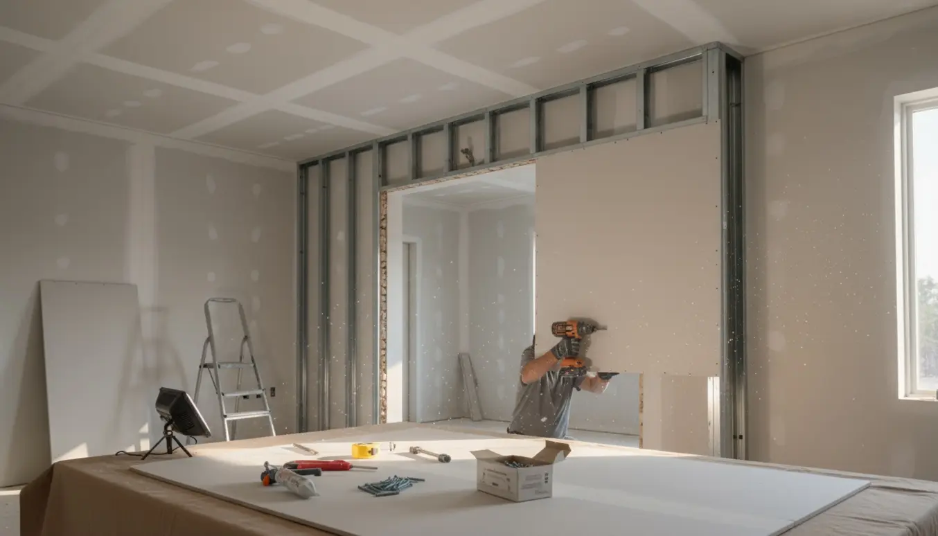 Håndværker monterer nyt gipsloft og bygger en kasse over en dør.