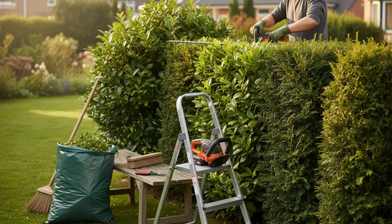 En person klipper en blandet hæk med en lille elektrisk hækkeklipper og stige, mens afklip samles i en grøntsagsæk.