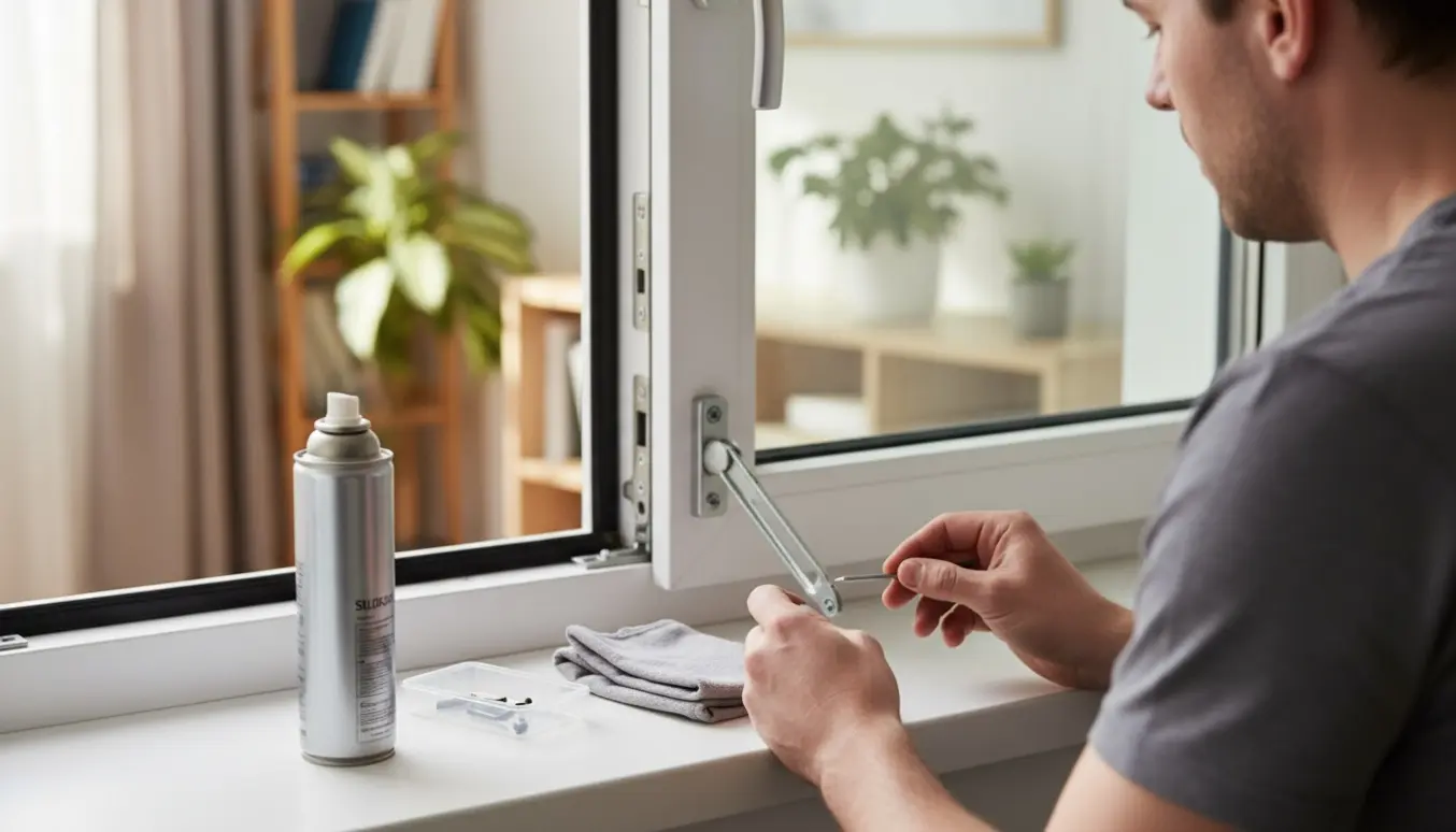 Nærbillede af tekniker, der justerer hængsler og håndtag på et moderne tilt-og-turn-vindue med værktøj på vindueskarmen.