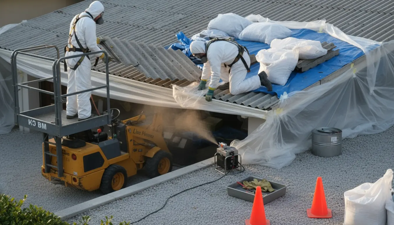 Arbejdere i beskyttelsesdragt fjerner og indpakker bølgeeternit på et tag med lift og minilæsser i baggrunden.