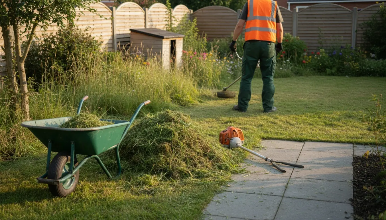 Ryddet havestykke med nyslået græs, bunker af afklip og en person set bagfra ved en buskrydder.