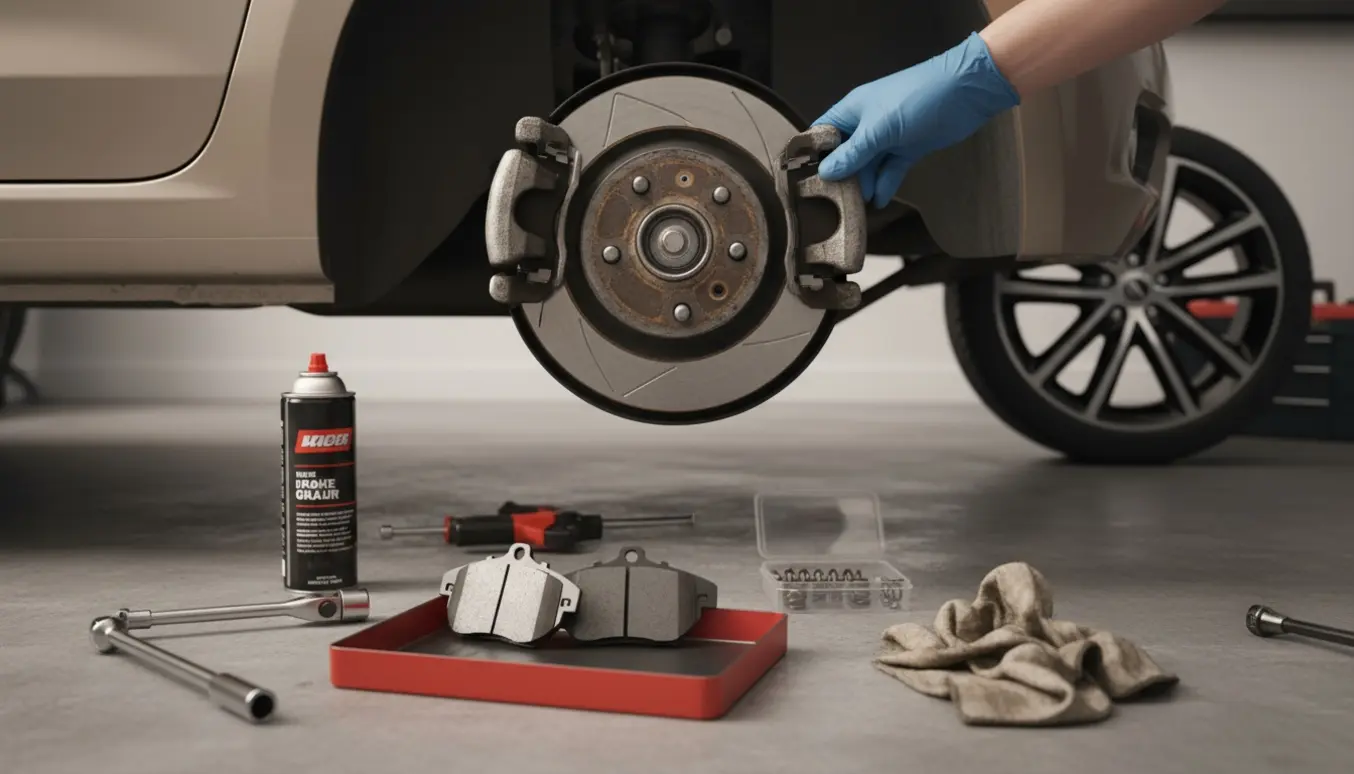 Baghjul på en lille hatchback med hjul fjernet og en handske holder bremsekaliberen mens nye bremseklodser og værktøj ligger klar.