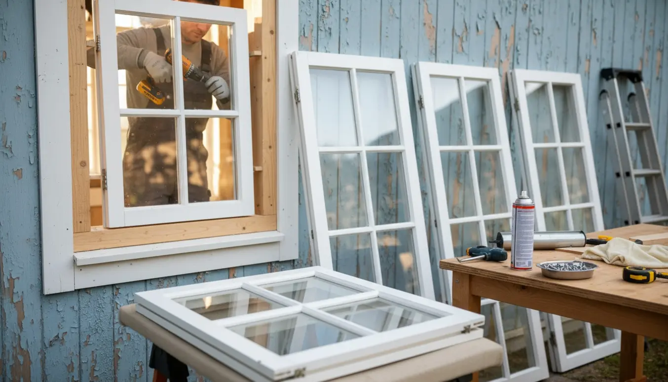 Håndværker monterer nye hvide bondehusvinduer med værktøj og rammer lænet mod huset.