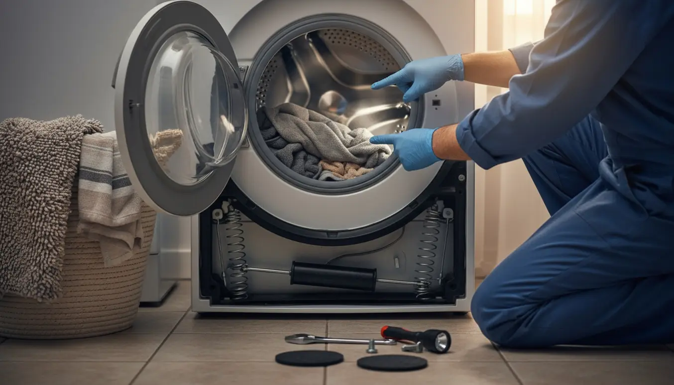 Tekniker inspicerer en frontbetjent vaskemaskines tromle med værktøj og fjernede tunge håndklæder på gulvet.