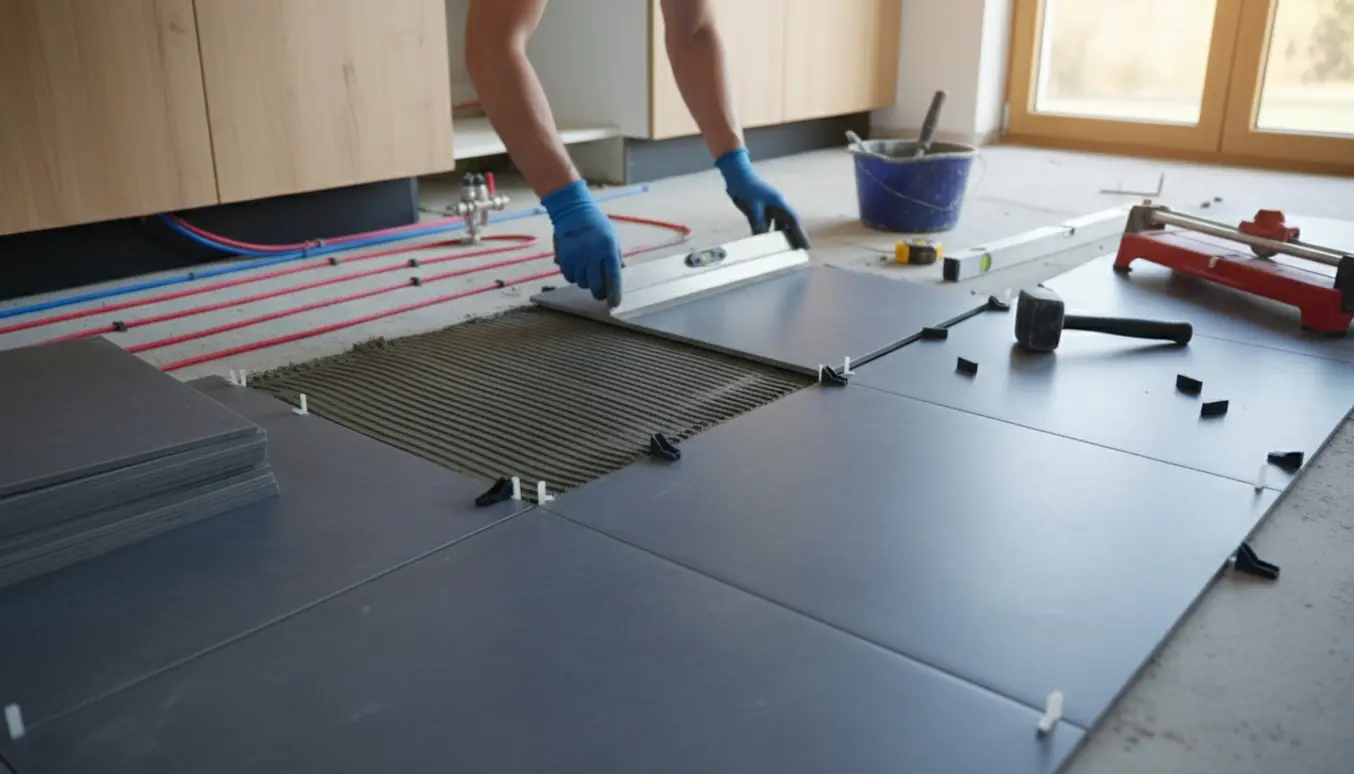 Hænder lægger store 60x60 fliser i et køkken med synlig gulvvarme og værktøj.
