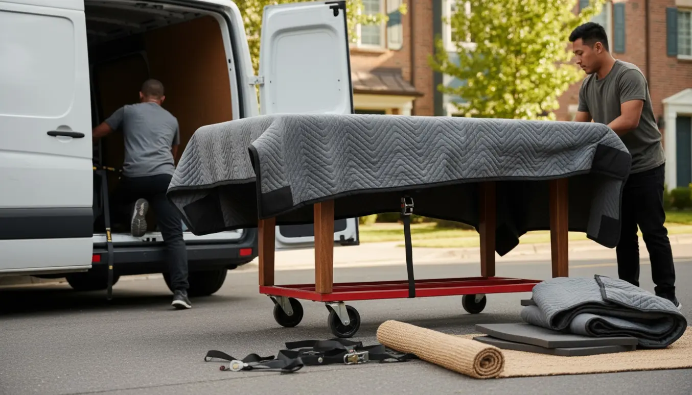 Et stort spisebord indpakket og sikret i en flyttevogn klar til transport.