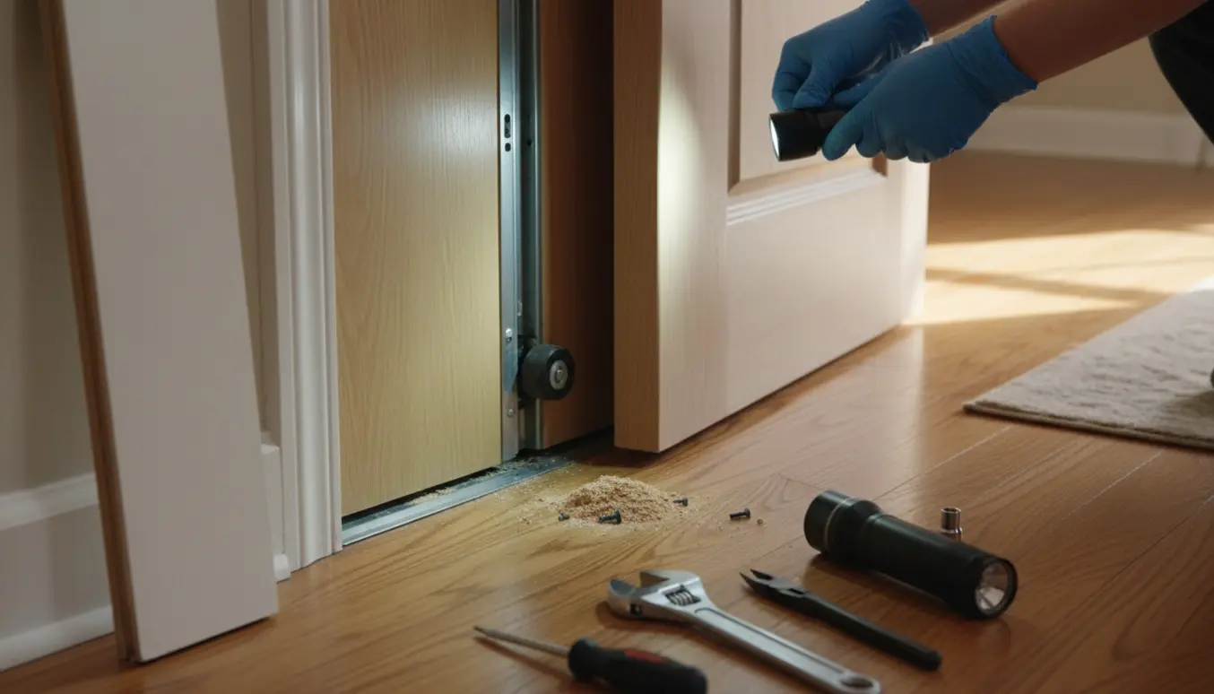 Delvis fastklemt skydedør trukket ud af væggen med løst rullehjul og værktøj på gulvet.