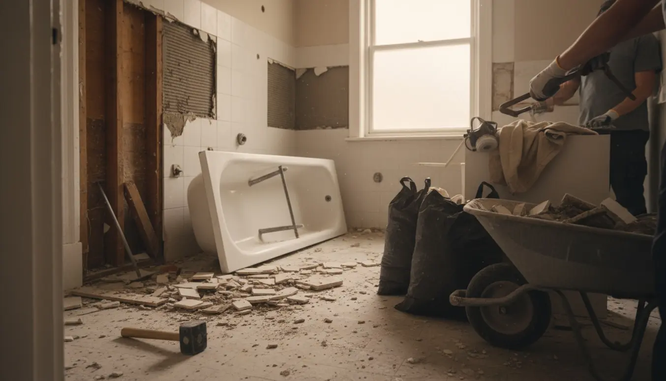 Halvfærdigt badeværelsesnedrivningsprojekt med fjernede fliser, et opstillet badekar og bunker af byggeaffald.