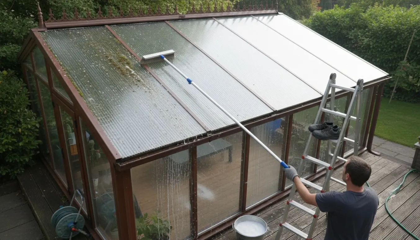 Et ca. 12 m² udestuetag bliver rengjort med forlængerskraber, hvor den ene halvdel er ren og den anden snavset.