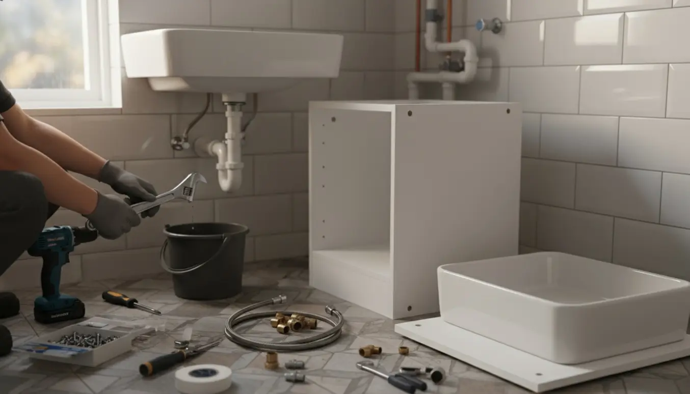 Hænder afmonterer en gammel håndvask og forbereder nyt underskab og fittings i et lille kolonihave-badeværelse.