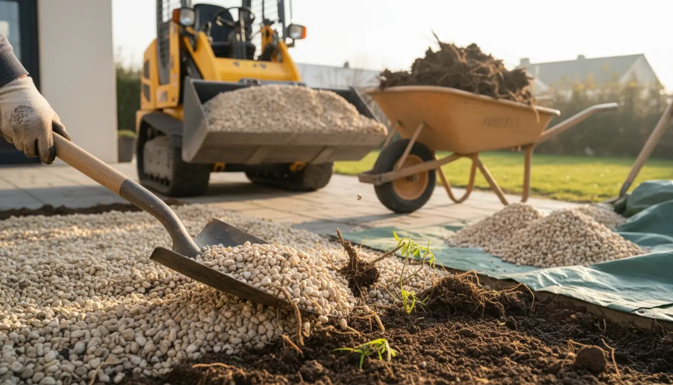 Mini-læsser og skovl fjerner perlesten og ukrudt, og mørk jord blottes klar til nyt lag.