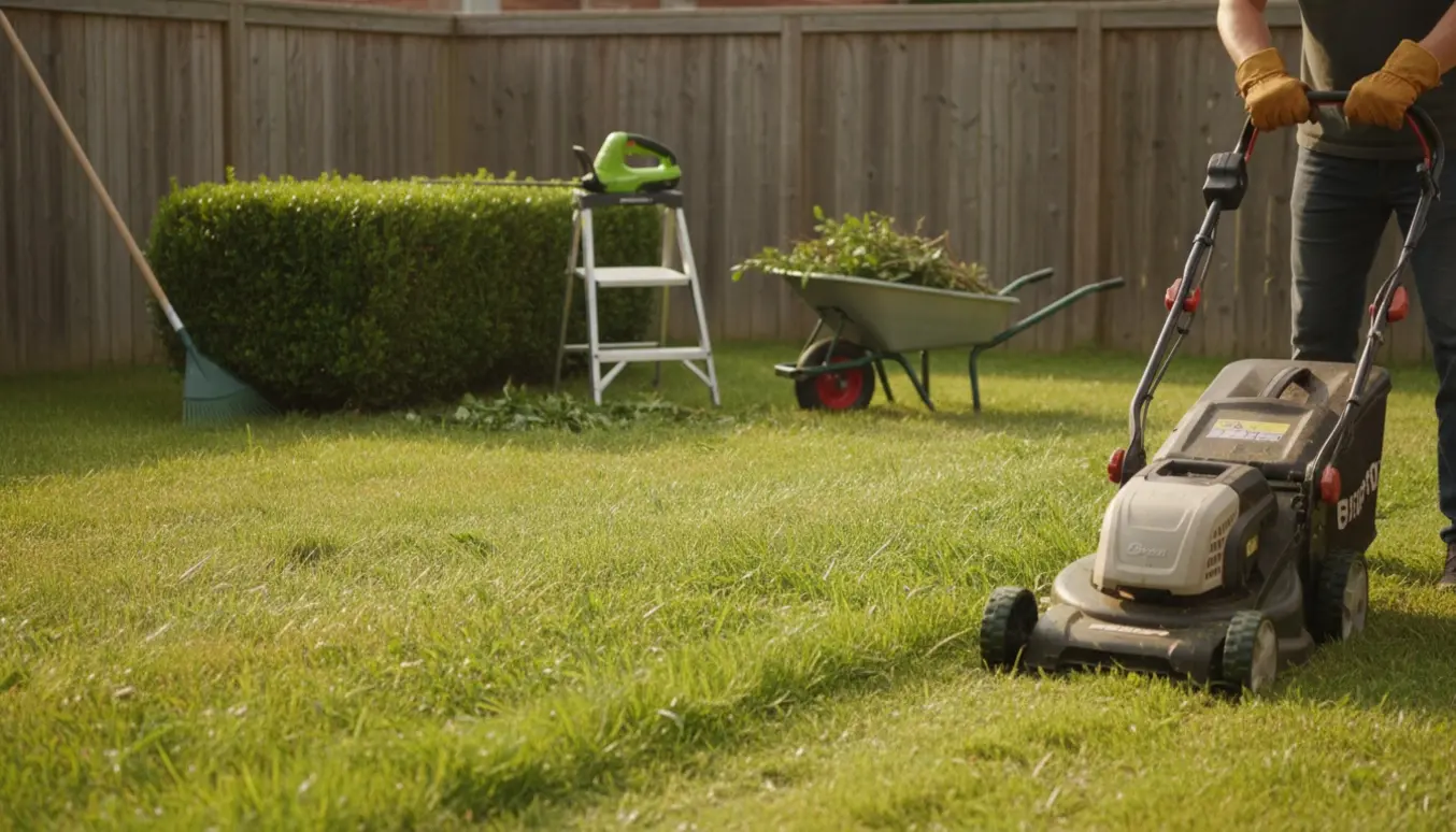 En person slår græs med plæneklipper og beskærer en lille hæk i en solrig baghave.