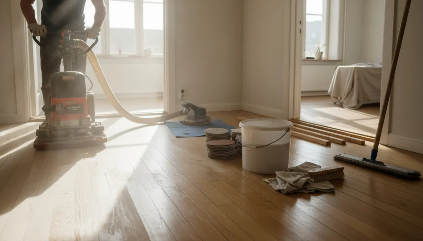 Plankegulv slibes med professionel gulvsliber i en lys lejlighed med sæbeudstyr og dækkede dørtrin.
