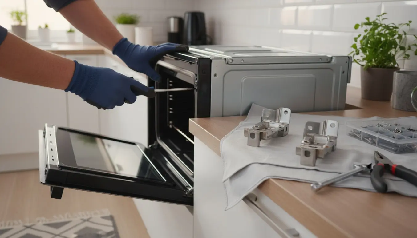 Nærbillede af handsker og en skruetrækker, der udskifter en ovnhængsel med reservedele og værktøj ved siden af i et lyst køkken.