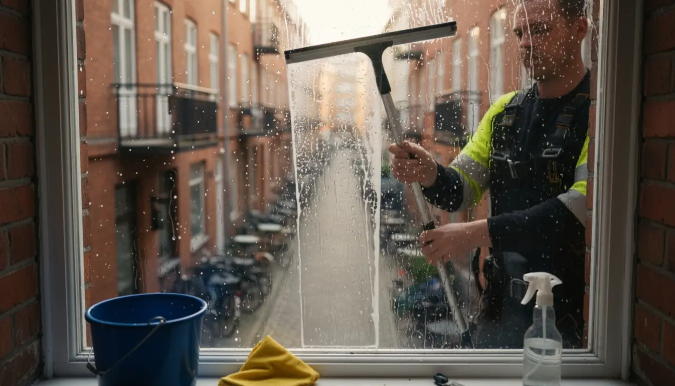 Vinduespudser renser et fjerde sals vindue i Vesterbro med nal og spand, gade og cykler synlige nedenfor.