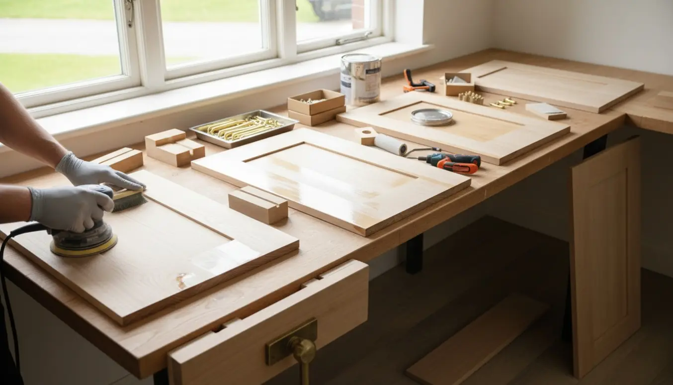 Arbejdsbord med afmonterede køkkenskabslåger, slibeværktøj, lak og en ny bordplade klar til montering.