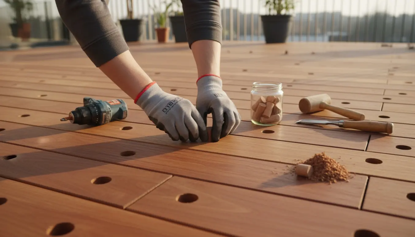 Nærbillede af hånd, der sætter træprop i en jatoba-terrasse med bor, træpropper og træspåner.
